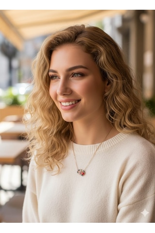 925 Ayar Papatya Silver Mix Taşlı Çift Kalp Uğur Böceği Kolye.rose.gold.rodaj Gümüş