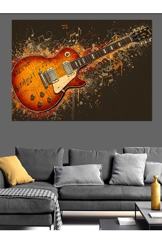 Elektro Gitar Ve Notalar Patlaması Dekoratif Kanvas - Mdf Ahşap Tablo