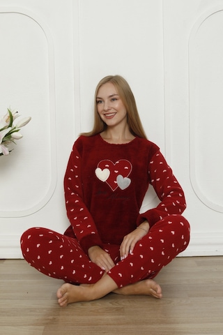 Fawn 3316 Peluş Welsoft Polar Kışlık Yumoş Kalpli Kadın Pijama Takımı Bordo