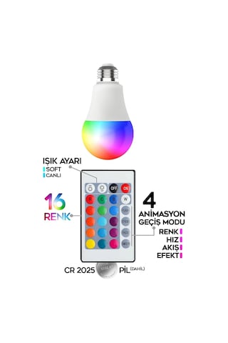 Rgb Led Lamba Kumandalı Ambiyans Aydınlatma 2000 Lümen Tasarruflu Renk Değiştiren Led Işık Diğer