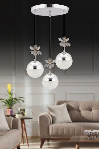 Kelebek 3'lü Krom Sarkıt 3 Renk Modu Ledli Kristal Taşlı Modern Led Avize Krom