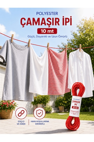 Beylini 2 Adet 10 Mt Polyester Çamaşır İpi Pvc Kaplama Sarkma Yapmaz Balkon Çamaşır Askılığı Çok Amaçlı Kurutma Kırmızı
