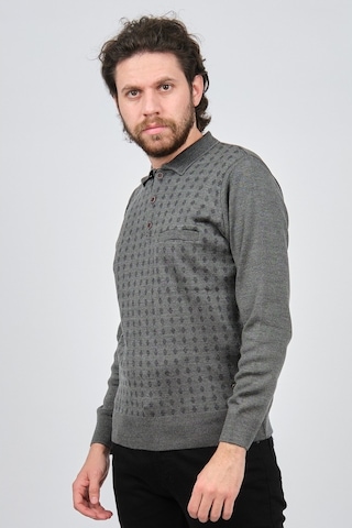 Çizgi Triko Erkek Cep Detaylı Polo Yaka Desenli Kazak 42544216 Gr Gri