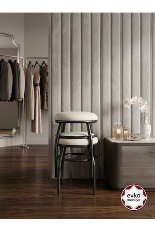 Evko Mobilya Tabure, Bar Taburesi, 2 Adet Tabure, Puf, Bench, Metal Ayaklı Tabure, İç Içe Geçebilen Tabure, Mutfak Balkon Bahçe Taburesi Siyah Krem