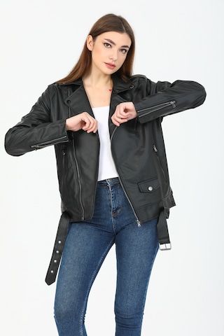 Kadın Siyah Oversize içi Kürklü Kemerli Biker Deri Ceket Siyah