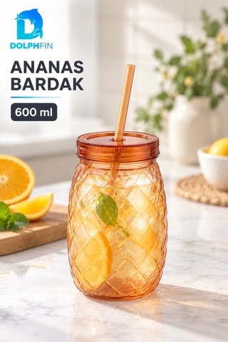 Ananas Pipetli Bardak 600 Ml Kapaklı Plastik İçecek Bardağı Çok Renkli