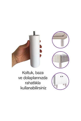 4 Adet Destek Ayağı 15 Cm Beyaz Ve 4 Adet Düz Ayak Tabanı M8 Civatalı İnce Diş Mobilya Kanepe Baza Seti