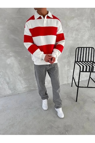 Luz&pos Erkek Üç İplik Parçalı Yakalı Sweatshirt - Kırmızı Kırmızı