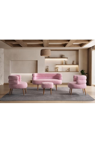Barel Özel Tasarım Çay Seti Koltuk Takımı,berjer Ve Puf Ofis Balkon Cafe Bahçe Salon Mobilyası 4 Lü Takım Pembe Pembe