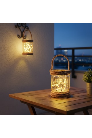 Dyris Rustik Halatlı Cam Fener 20x10 Cm Pilli Peri Ledli Askılı Balkon & Bahçe Lambası