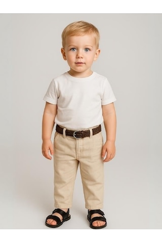 Nanica Kids Erkek Bebek Kemerli Cepli Keten Pantolon-16009 Krem