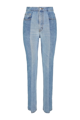 E L V Denim Iki Renkli Düz Kesim Kot Pantolon Orta Mavi