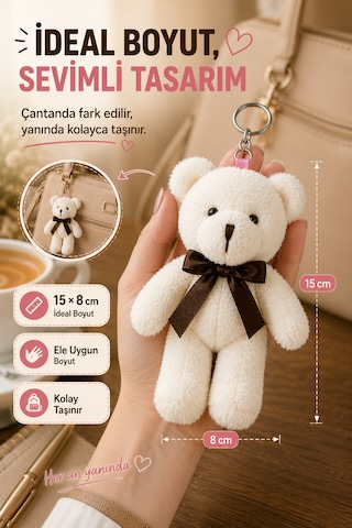 1 Adet Beyaz Peluş Ayıcık Anahtarlık 15x8 Cm Çanta Sırt Çantası Anahtar Aksesuar Sevimli Fiyonk