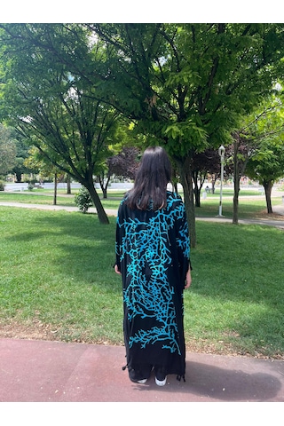 Turkuaz Dallı Desenli Siyah Bağlamalı Salaş Kimono Kaftan - Standart Beden Turkuaz