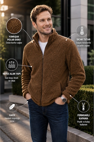 Luxıc Core Erkek Peluş Mont Slim Fit Dik Yaka Fermuarlı Cepli Günlük Spor Ceket Kahverengi