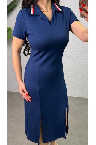 Etiler Collection Kadın Polo Yaka Çift Yırtmaç Detay Modal Kumaş Midi Boy Elbise Mavi