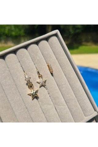 Taşlı Balon Yıldız Üçlü Çelik Küpe Gold