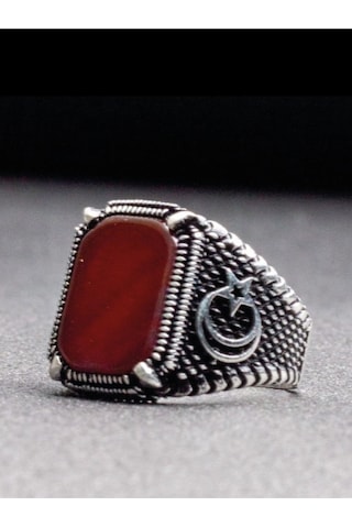 Gümüş Ay Yıldız Desenli Kare Akik Taşlı Erkek Yüzük