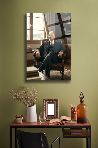 Atatürk Cam Tablo - Portre - Cam Tablo - Duvar Dekoru - Atatürk Portresi - Kaliteli Baskı Ata024 Atatürk Temalı Dekoratif Duvar Tablosu, Salon, Ofis Ve Çalışma Alanı Dekoru,