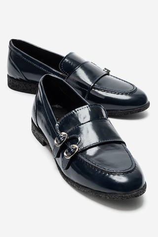 Luvi Shoes Daly Lacivert Kırışık Rugan Hakiki Deri Tokalı Kadın Loafer Ayakkabı