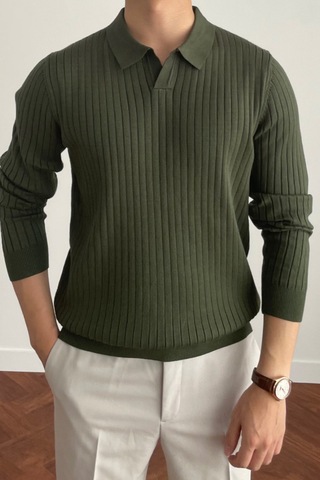 Cool Tarz Erkek Polo Yaka Triko Kazak Slim Fit Fitilli Haki