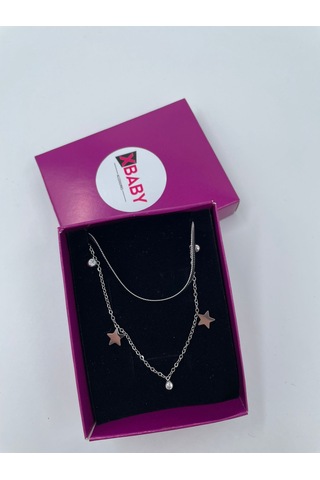Xbaby İkili Yıldız Taşlı Çelik Gümüş Renk Kolye Gümüş