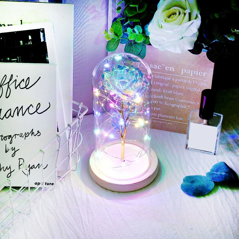 Hombey Renkli Cam Kapaklı Altın Yapraklı Gül Led Gece Lambası - Dekoratif Simülasyon Çiçek Aydınlatma Süsü Pil Dahil Değil Renkli