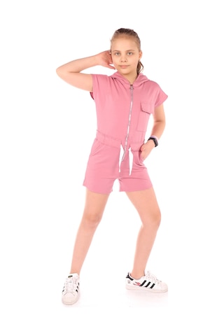 Toontoy Kids Toontoy Kız Çocuk Kapüşonlu Fermuarlı Cepli Kısa Kol Kısa Tulum - Bağcık Detaylı Gül Kurusu