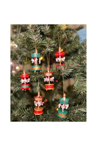 6'lı Mini Ahşap Atlıkarınca Yılbaşı Süsü - Nostaljik Carousel Dekor Seti 001
