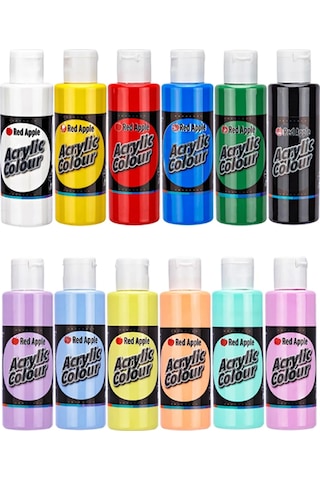 Red Apple 12 X 70 Ml Akrilik Boya 6 Ana Renk + 6 Pastel Renkler Set 12 Renk Akrilik Boya Seti Çok Renkli