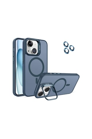 Madnova Apple iPhone Uyumlu 13 İçin Kılıf Kamera Korumalı Magsafe Wireless Şarj Özellikli Lens li Mat Şeffaf Renkli Standlı Kılıf Lacivert