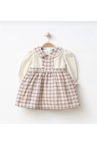 Düğme Detaylı Kareli Kız Bebe Elbise Açık Bej