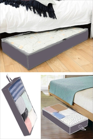 Serstil 3 Adet - Yatak Altı Baza Hurcu Fermuarlı Saklama Çantası Gri 80x20x50cm