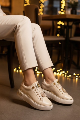 Ayakmod Bej Bağcıklı Taş İşlemeli Hafif Kadın Sneaker 431156 Z Bej