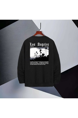 Sweatshirt Unisex Siyah Los Angeles Baskılı Oversize Sweatshirt Siyah