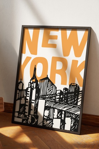 New York Sarı Siyah Dekoratif Tasarım Poster Tablo Siyah Çerçeveli