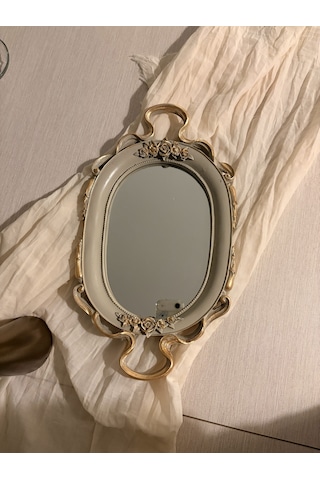 Küçük Oval Aynalı Kulplu Dekoratif Tepsi Vizon & Altın Varaklı 37x21 Cm