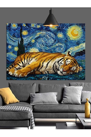 Van Gogh Tarzı Yıldızlı Kaplan Dekoratif Kanvas - Mdf Ahşap Tablo
