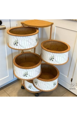 5 Katlı Ahşap Sebzelik Tekerlekli Naturel Gıdaya Uygun Kaliteli Mdf Modern Beyaz - Kahverengi