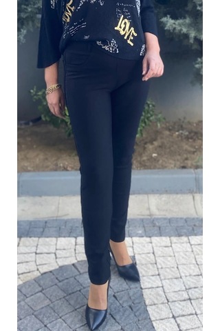 Kadın Siyah Punto Yanları Taş Detaylı Pantolon Siyah