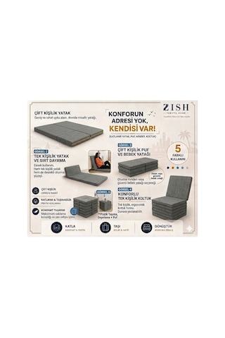 Zishome Tek Kişilik Multipurpose 5 İn 1 Gri Çift Kişilik Katlanır Süngerli Misafir Yer Yatağı Ve Balkon Minderi 7cm
