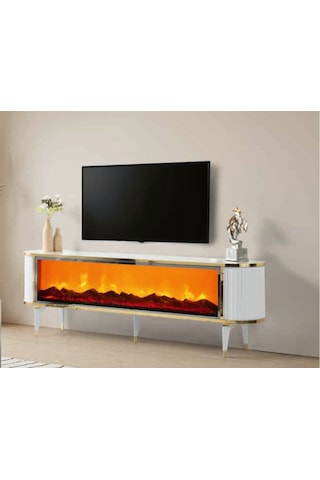 Bera Marmo - Gold Şömineli Ceylan Tv Sehpası Beyaz - Gold