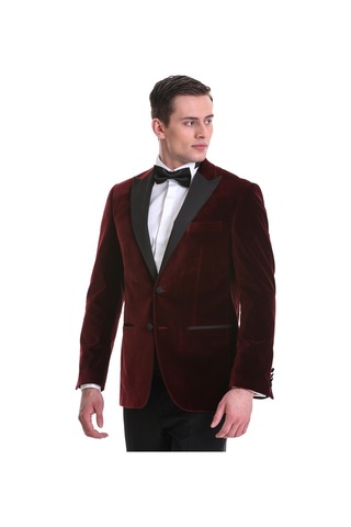 Hatemoğlu Bordo Slim Fit Düz Sivri Yaka Kadife Klasik Smokin Damatlık 3312 Bordo