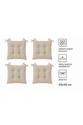 Rual 4 Lü Sandalye Minderi Bağcıklı, Çökme Yapmaz Sünger Dolgulu, Yıkanabilir 40x40 Cm Açık Bej