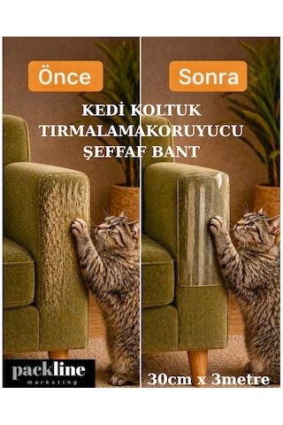 Packline Marketing Kedi Koltuk Tırmalama Koruyucu Şeffaf Yapışkanlı Mobilya Tırmalama Önleyici Bandı 30cm X 3metre