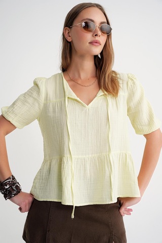4715 Kadın Yakası Bağlamalı Kısa Kol Müslin Bluz Sarı Sari