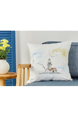 Karaca Home Kız Kulesi Ekru Desenli İç Dolgulu Kırlent 45 45 Cm Şık Ve Keyifli Dekoratif Yastık Beyaz Sarı Uç