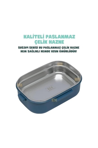 Vagonlife Bento 1650ml Paslanmaz Çelik 2 Katlı 3 Bölmeli Çatal Ve Kaşıklı Yemek Kutusu Lacivert Beyaz