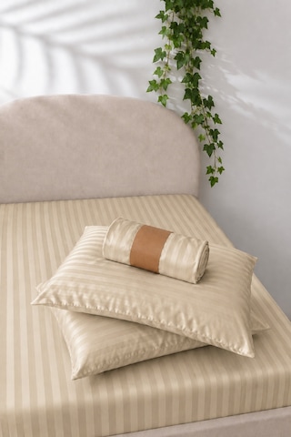 Çizgili Saten Çarşaf Takımı Seti Lastikli Yumuşak & Parlak Tek/çift/battal Boy 30 Cm Yükseklik Bej