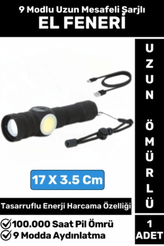 Premium Kamp Avcı Deprem Balıkçı Güvenlik 9 Modlu Uzun Mesafeli Güçlü Işık Şarjlı El Feneri Çok Renkli